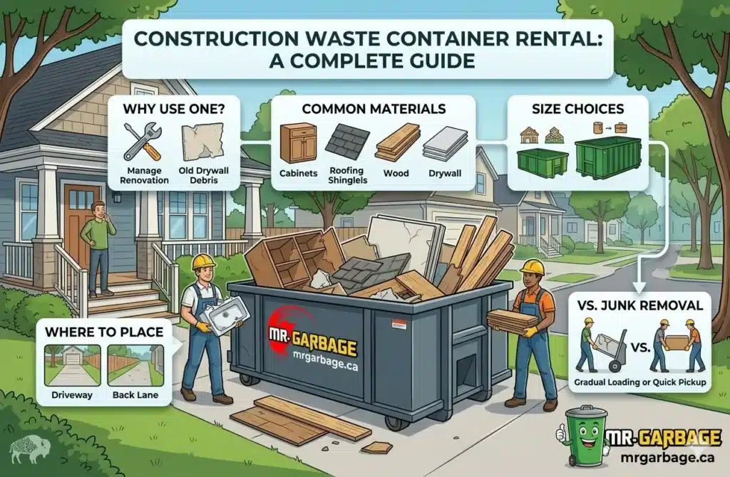 Mr. Garbage construction waste container rental guide in Winnipeg. Shows workers loading a driveway dumpster with renovation debris, drywall, and wood boards.
