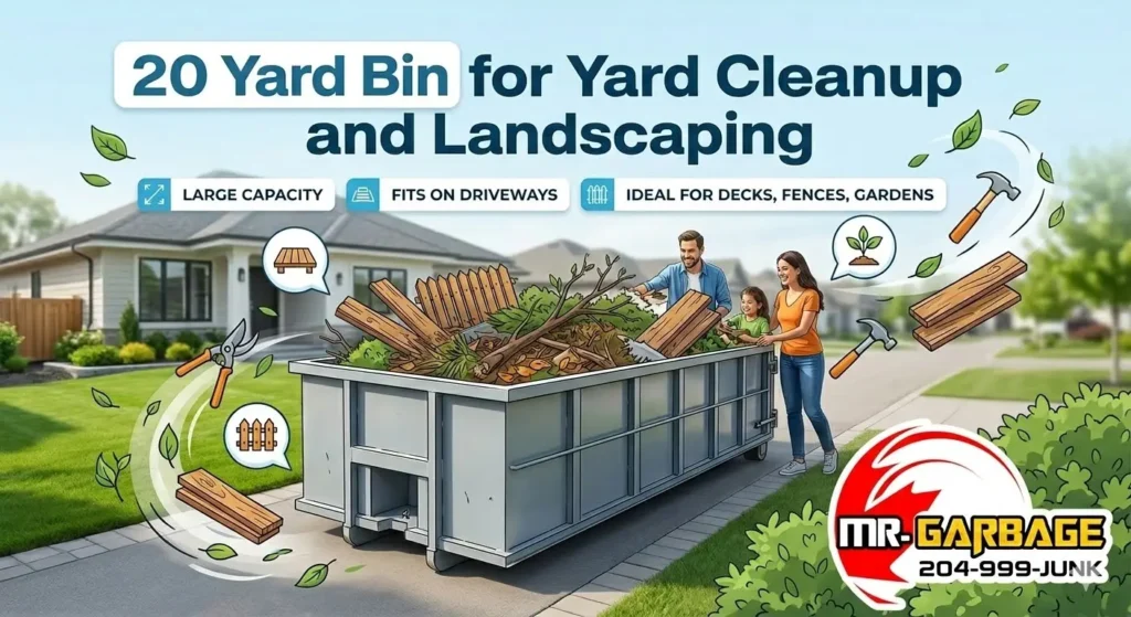 A family fills a MR. GARBAGE 20 yard bin for yard cleanup and landscaping in a driveway. The dumpster holds old wood, branches, and fence panels for disposal.