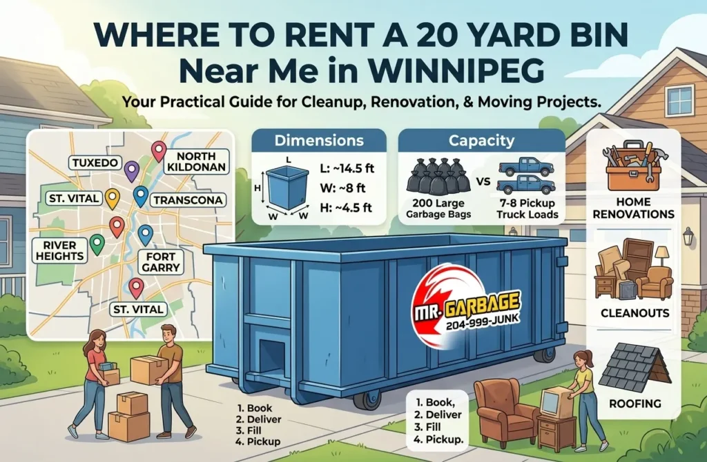 Find where to rent a 20 yard bin near me in Winnipeg. Mr. Garbage offers reliable medium bins for home renovations, roofing, and convenient driveway placement.