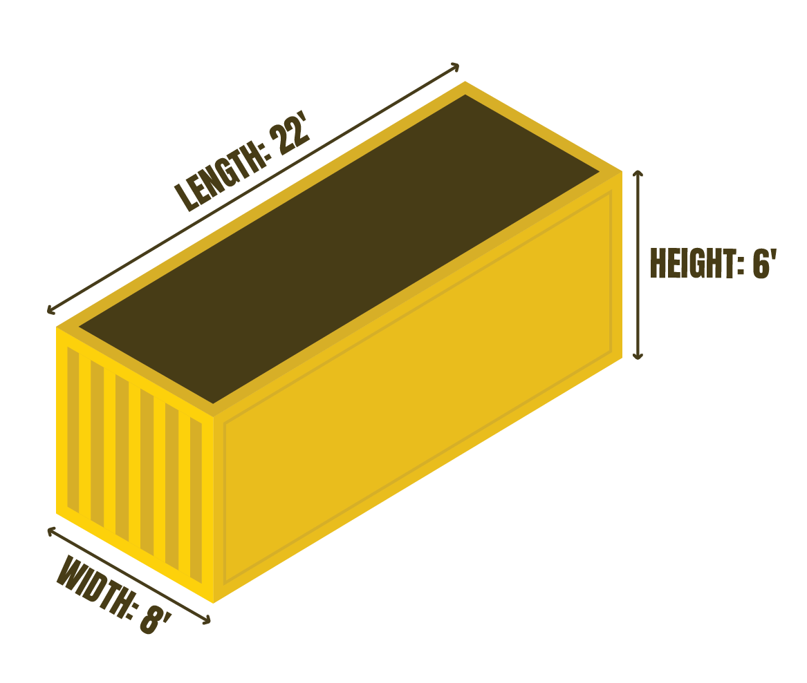 Illustration of a 22-foot long, 8-foot wide, 6-foot high garbage bin for junk removal and bin rental services in Canada